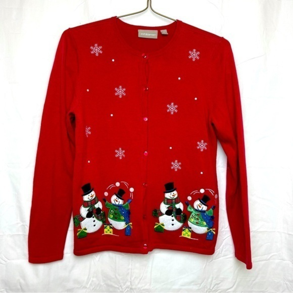 Women’s Craft & Barrow Christmas Red Cardigan Snowman  Sz.‎ Small